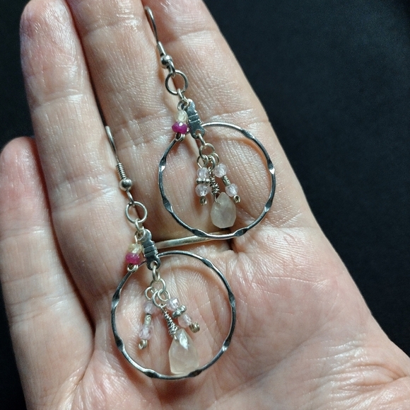 Rose Quartz and Garnet Antique Brass Earrings - Picture 4 of 9